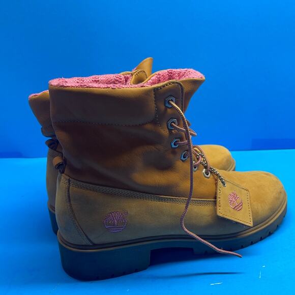 TIMBERLAND Women's sz 10 M Boots Shoes Tan Leather with Pink Lined Fold Over - Picture 4 of 10